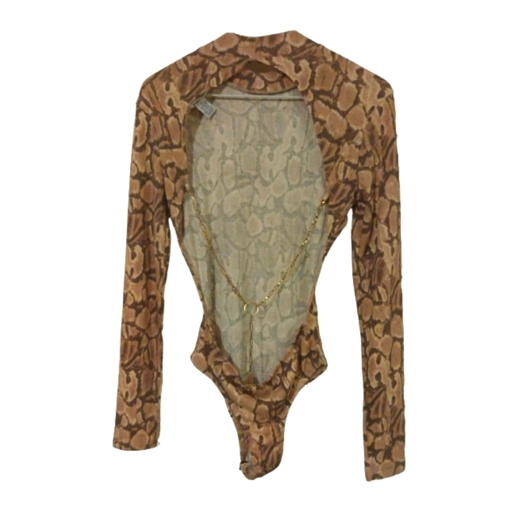 Sexy Bodysuit Rue 21 Snake Skin Print w. Golden Attached Chain to Open Back S